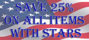 American Flag with text save 25 percent on all items with stars