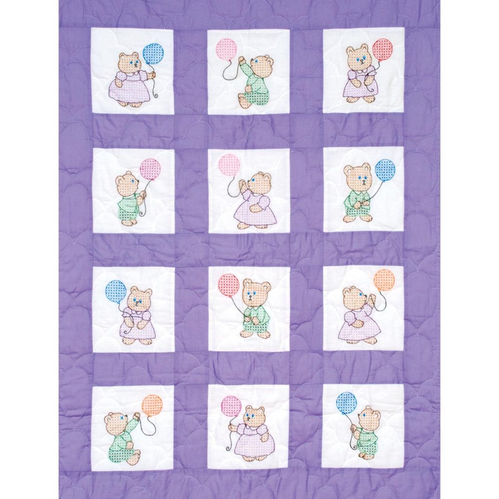 White Twelve Blocks Cross Stitch Boy Bear Design Fairway 92310 Baby Quilt Block