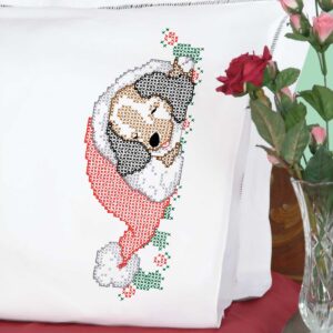 Santa Puppy pillowcase for hand embroidery featuring a cute puppy dressed as Santa Claus on a white pillowcase