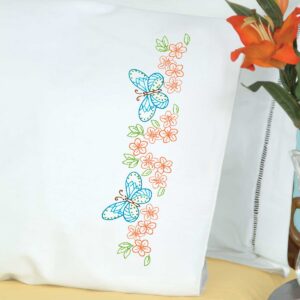 Butterflies & Flowers Pillowcases for Hand Embroidery, Made in the USA, featuring preprinted butterfly and floral designs on pillowcases ready for custom stitching and home décor.