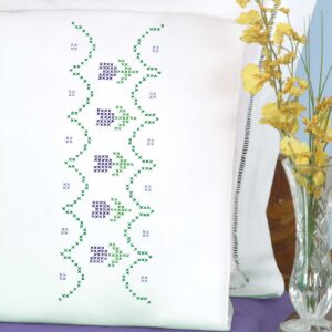Cross-Stitch Tulips Pillowcases for Hand Embroidery, featuring preprinted tulip floral designs on pillowcases ready for custom cross-stitch stitching and decorative home use.