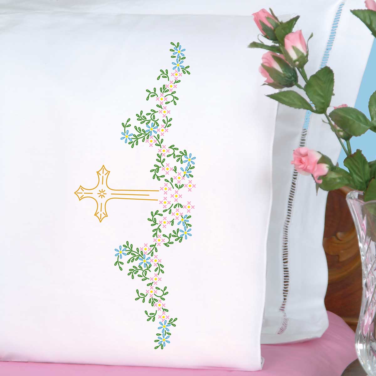 Religious Cross Pillowcases for Hand Embroidery, featuring preprinted cross designs on pillowcases ready for custom stitching and faith-inspired home décor