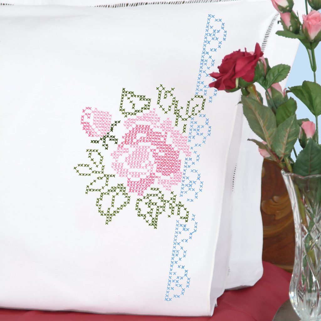 Fairway Needlecraft 83245 Cross Stitch Perle Edge Pillowcases White Standard Rose Vine Design