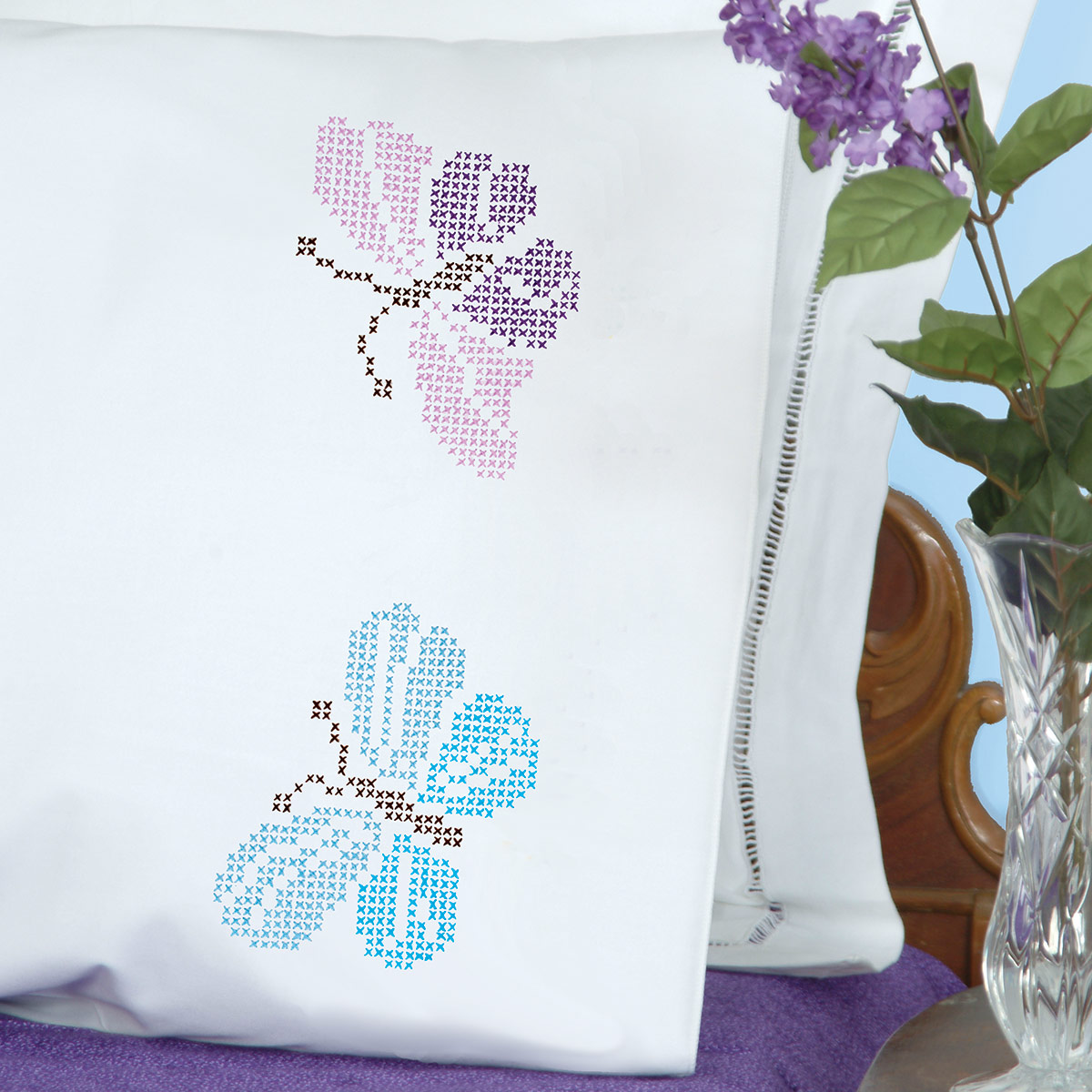 Cross Stitch Butterflies Perle Edge Pillowcases Jack Dempsey