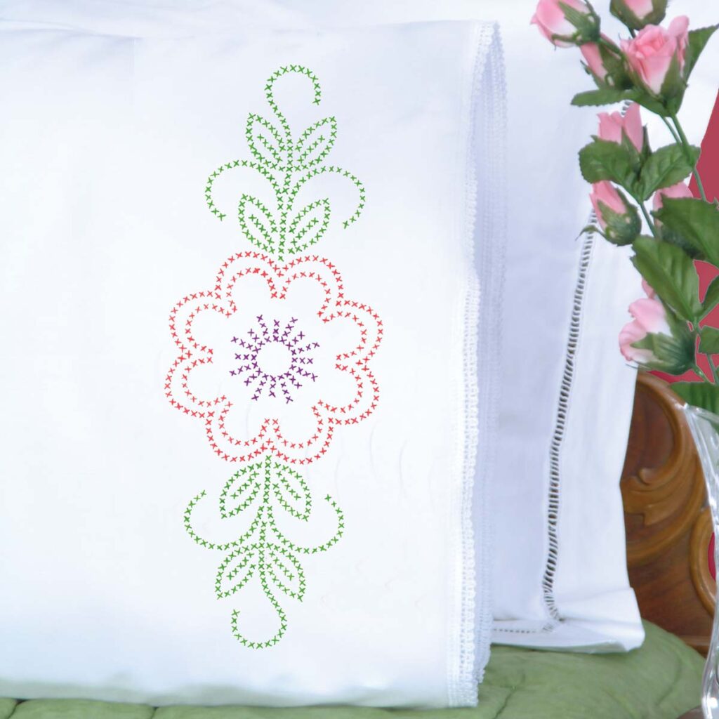 Cross-Stitch Floral Design Lace Edge Pillowcases Jack Dempsey - Main Image