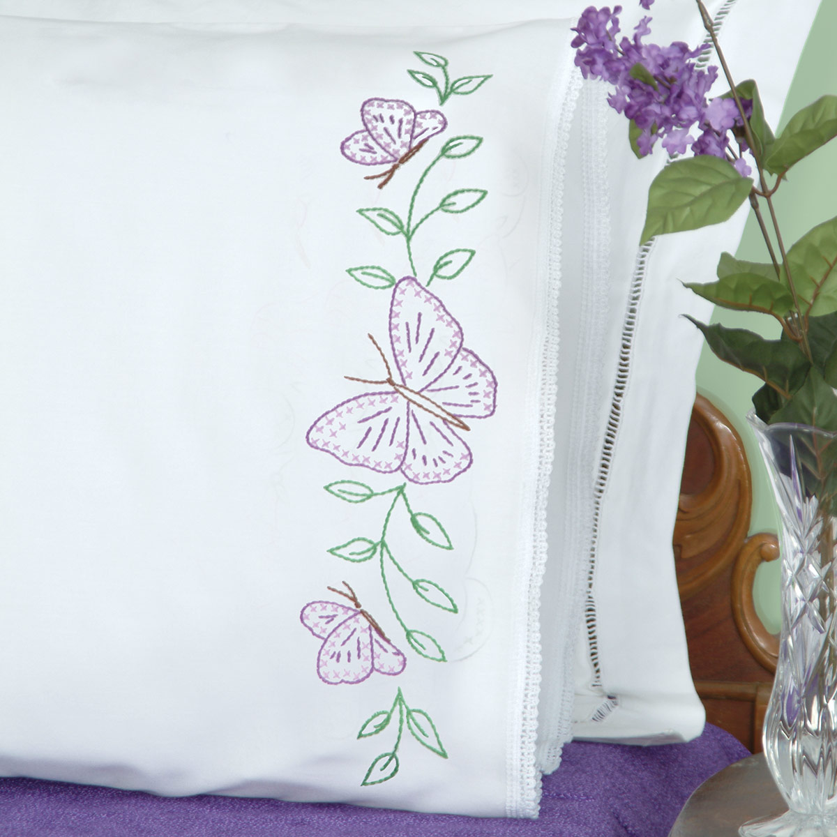 * Butterflies Lace Edge Pillowcases Jack Dempsey Needle Art