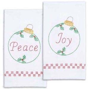 Decorative hand towel kit featuring Peace and Joy Christmas ornaments for hand embroidery