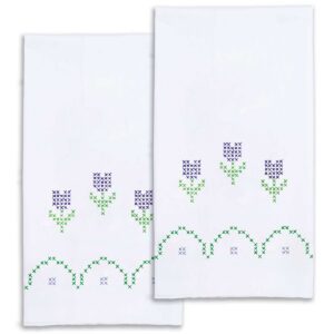 Cross-Stitch Tulips Decorative Hand Towels featuring embroidered tulip floral designs, ideal for spring kitchen or bathroom décor.
