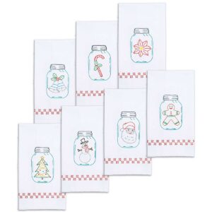 Decorative hand towel set with mason jars and festive Christmas designs for hand embroidery