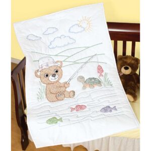 Fishing Bear Baby Quilt Top with preprinted ink-stamped pattern that washes out easily, featuring a bear fishing design for hand embroidery and baby quilting projects.