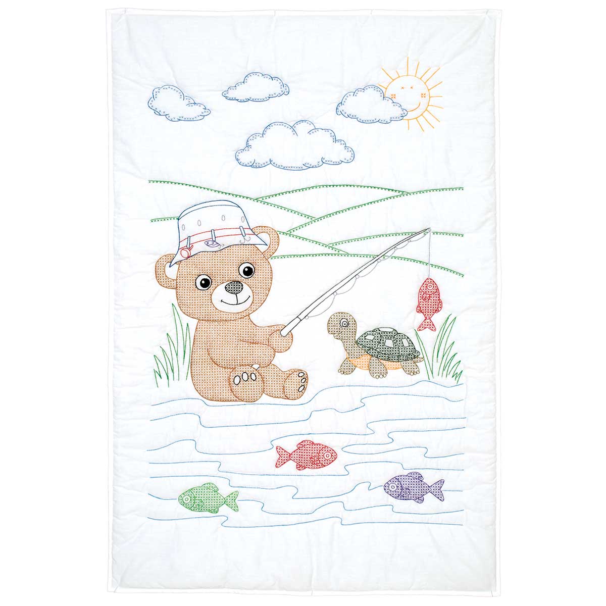 Fishing Bear Baby Quilt Top with preprinted ink-stamped pattern that washes out easily, featuring a bear fishing design for hand embroidery and baby quilting projects.