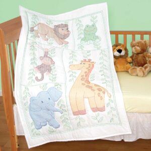 Jungle Fun Baby Quilt Top, featuring a preprinted ink-stamped jungle animal pattern that washes out easily, designed for hand embroidery and baby quilting projects.