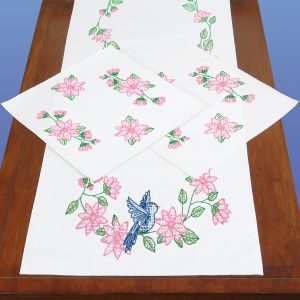 Birds Perle Edge Scarf & Doily Set