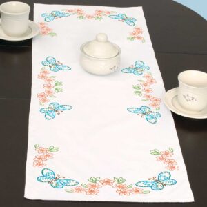 Butterflies & Flowers Table Runner Kit for Hand Embroidery, featuring a preprinted design of colorful butterflies and blooming flowers on a table runner ready for custom stitching and seasonal home décor.