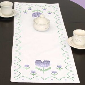 Cross-Stitch Tulips Table Runner Kit for Hand Embroidery, featuring a preprinted tulip floral design on a table runner ready for custom cross-stitching and elegant spring home décor.