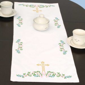 Cross Table Runner Kit for Hand Embroidery, featuring a preprinted religious cross design on a table runner ready for custom stitching and faith-inspired home décor.