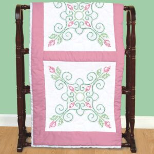 Cross-Stitch Rose Buds 18-Inch Quilt Blocks for Hand Embroidery, featuring preprinted floral rosebud designs on quilt blocks ready for custom cross-stitch stitching and quilt crafting.