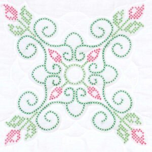 Cross-Stitch Rose Buds 18-Inch Quilt Blocks for Hand Embroidery, featuring preprinted floral rosebud designs on quilt blocks ready for custom cross-stitch stitching and quilt crafting.