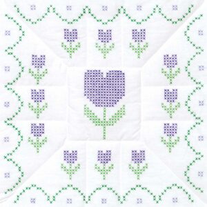 Cross-Stitch Tulips 18-Inch Quilt Blocks for Hand Embroidery, featuring preprinted tulip floral designs on quilt blocks ready for custom cross-stitch stitching and quilting projects.