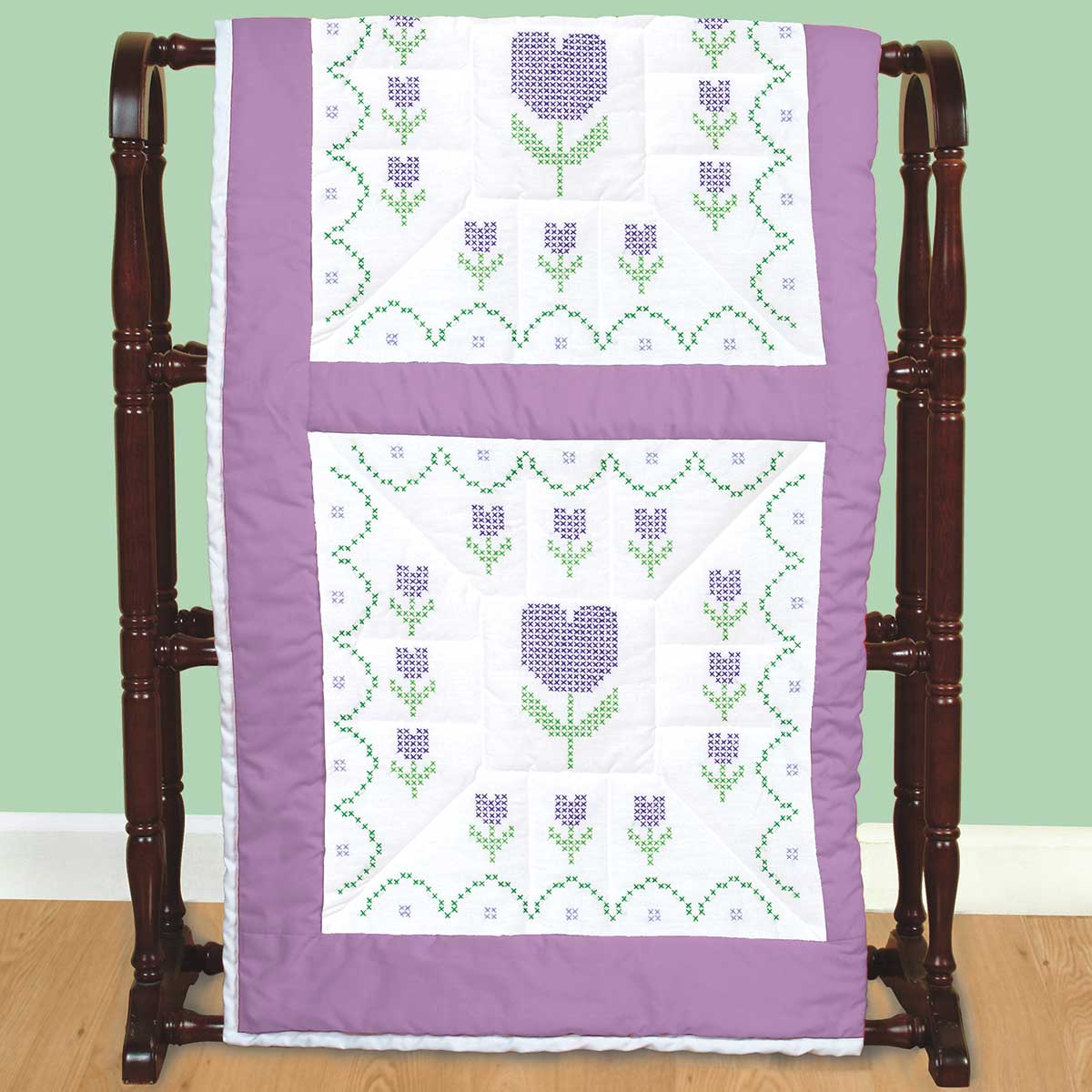 Cross-Stitch Tulips 18-Inch Quilt Blocks for Hand Embroidery, featuring preprinted tulip floral designs on quilt blocks ready for custom cross-stitch stitching and quilting projects.